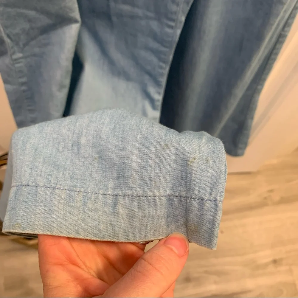 Small. Thin blue jean/ chambray jumpsuit. Embroidered top. - Picture 12 of 14